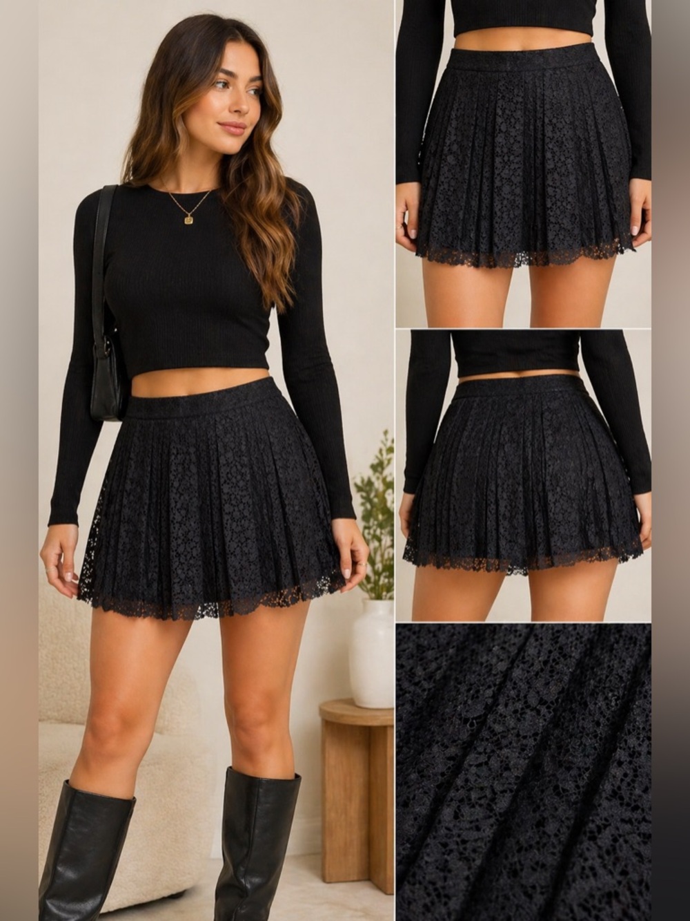 Topshop Black Lace Pleated Skater Skirt Size 6 Mini A-Line Feminine Chic
